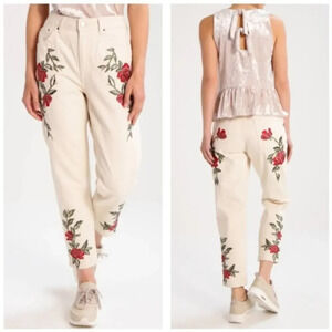 Topshop Rose Embroidered High Waist Moto Mom‎ Jeans